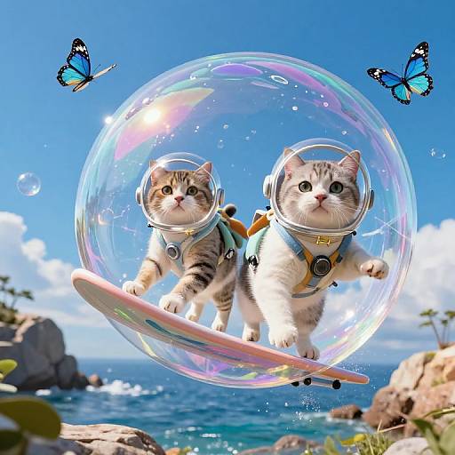 Photograph of two tabby kittens in space helmets and harnesses, surfing inside a transparent bubble, surrounded by butterflies, with a sunny ocean and rocky