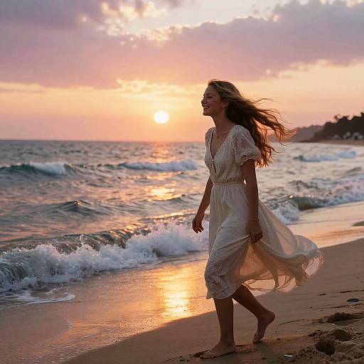 Photograph of a smiling woman in a flowing white dress walking on a beach at sunset, waves crashing in the background.