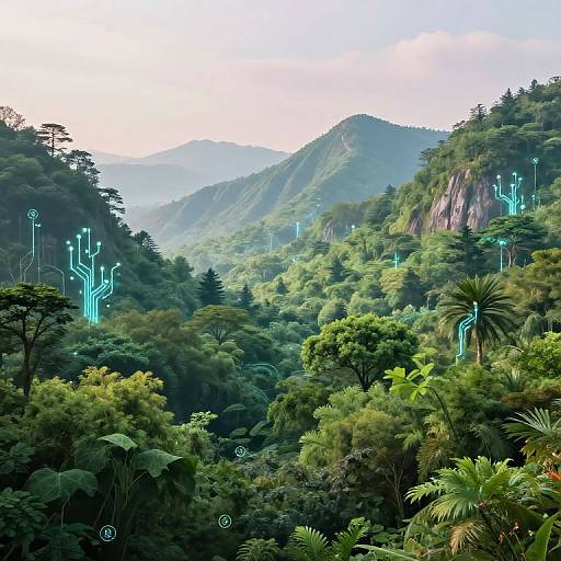 Photograph of lush, green mountainous forest with glowing, neon-blue circuit-like patterns on trees, creating a futuristic, sci-fi aesthetic.