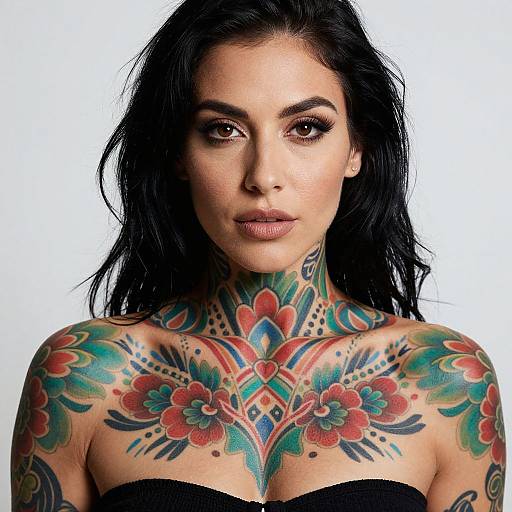 Photograph of a woman with long black hair, fair skin, and extensive colorful floral tattoos on her neck and chest, wearing a black strapless top