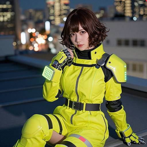 Photograph of a young Asian woman in a bright yellow, futuristic, armored suit with black accents, sitting on a rooftop at night, city lights blurred