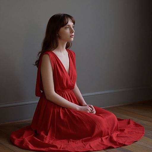 Photograph of a fair-skinned woman with long dark hair, sitting on a wooden floor in a dimly lit room, wearing a flowing, deep