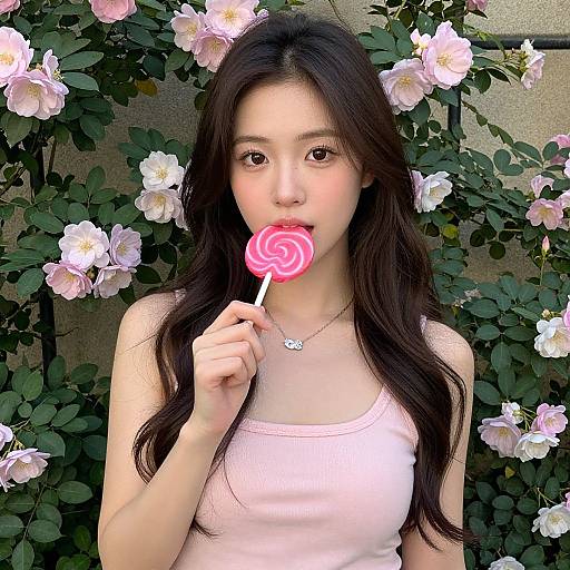 Woman with Lollipop by Flower Wall