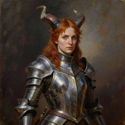 Digital painting of a red-haired woman with dragon horns, wearing shiny medieval armor, against a dark, textured background.