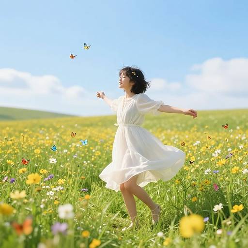 Photograph of a young woman in a flowing white dress, running through a vibrant meadow filled with colorful butterflies and flowers, under a bright blue sky