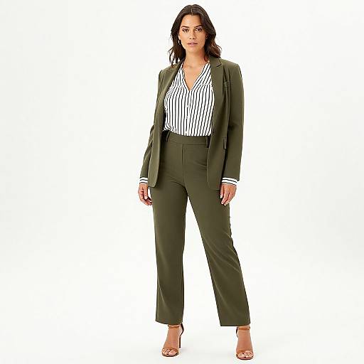 Photograph of a confident woman with medium skin tone and dark wavy hair, wearing a green blazer, black and white striped blouse, high-w