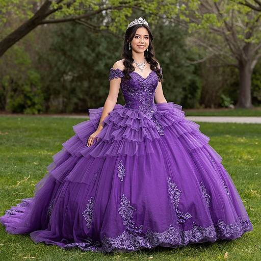 Photograph of a smiling young woman in a vibrant purple, off-shoulder, tiered ball gown with intricate lace, wearing a silver tiara