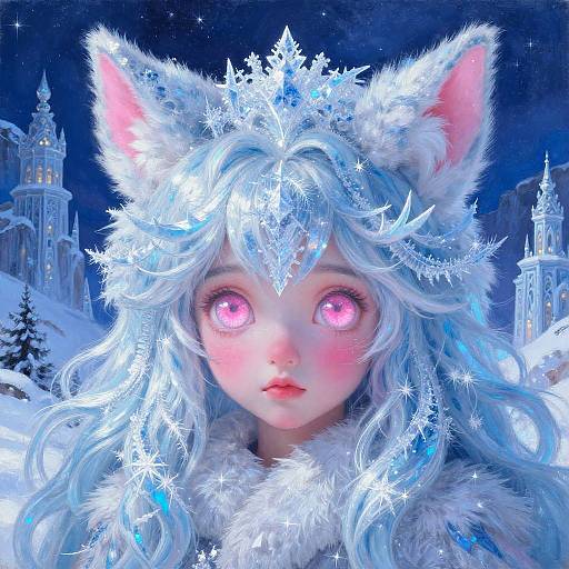 Digital artwork of a mesmerizing, pink-eyed, cat-eared girl with glowing blue-white hair, snowflakes, and fur, set against a