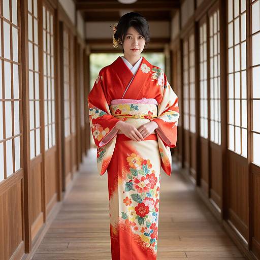 Photograph of an Asian woman in a vibrant red floral kimono, standing in a traditional wooden hallway with shoji screens.