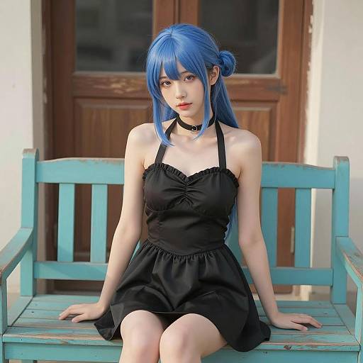 Young Woman with Blue Hair in Black Dress Sitting on Turquoise Bench