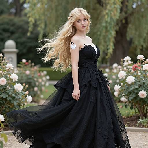 Photograph of a blonde woman with long, wavy hair in a black, lace-embellished, strapless ball gown, standing in a