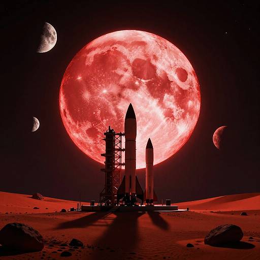 Surreal Sci-Fi Landscape with Red Moon