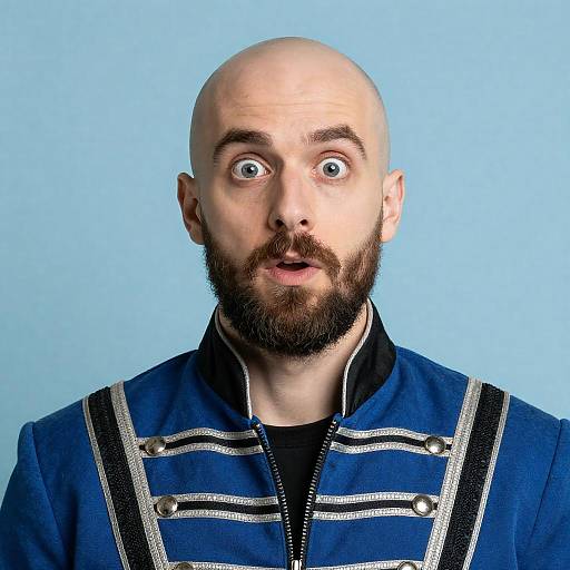 Surprised Bald Man in Blue Ornate Jacket