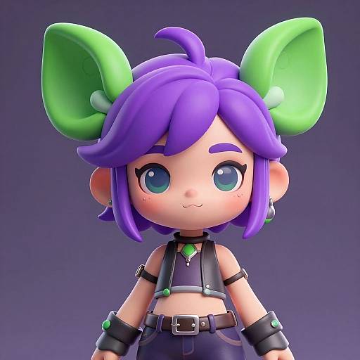 Chibi-style digital illustration of a cute, purple-haired character with large green ears, wearing a black sleeveless top, green pendant, and black gloves