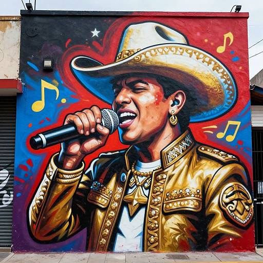 Vibrant mural of a smiling Latino man in a gold jacket and white cowboy hat singing into a microphone, surrounded by musical notes and a red heart