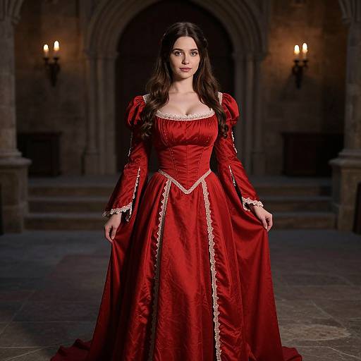 Photograph of a young woman with long dark hair in a regal red Renaissance-style gown with lace trim, standing in a dimly lit, medieval