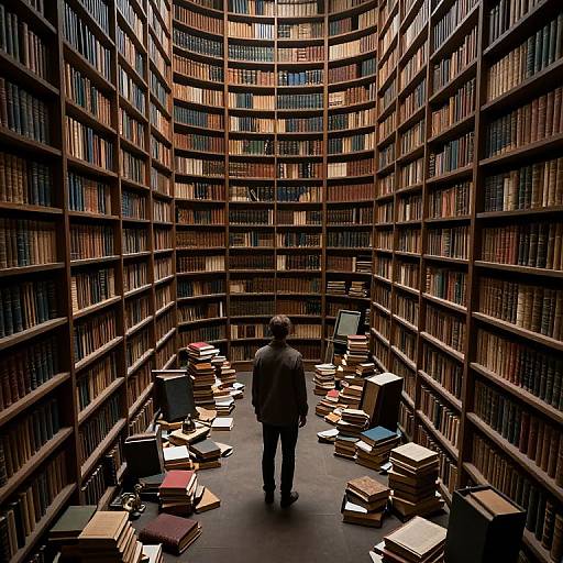 Photograph of a solitary figure in a dimly lit, towering library with wooden shelves filled with books, surrounded by scattered stacks of books on the floor