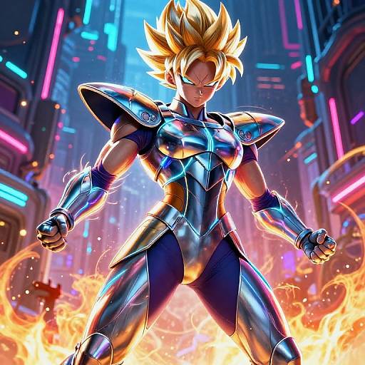 Digital art of a muscular, blonde-haired warrior with spiky hair, wearing shiny black armor, standing in a neon-lit city with fiery background.