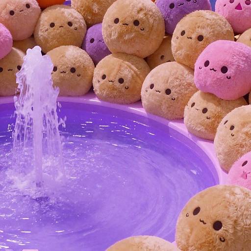 Photograph of fluffy, beige and pink pom-pom-like balls with black eyes, stacked around a glowing blue water fountain.