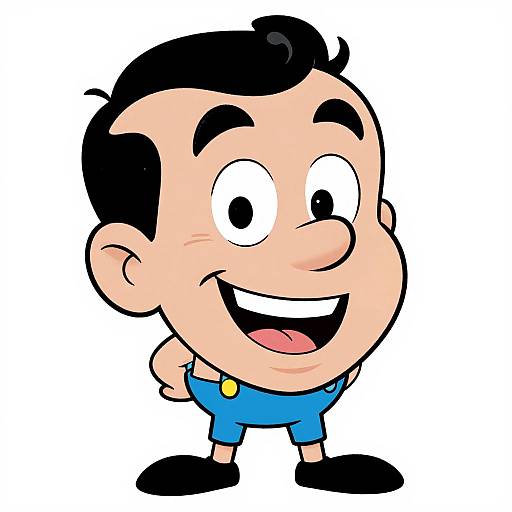 Cartoon-style drawing of a happy, smiling boy with black hair, large eyes, and a blue shirt, standing against a white background.