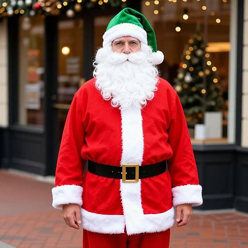Photograph of a Santa Claus with a full white beard, green hat, red suit with white trim, black belt, standing in front of a warmly