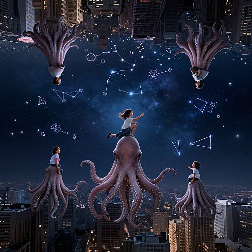 Digital artwork: Four women with short hair, in white shirts and red ties, ride giant octopus tentacles above a cityscape at night, g