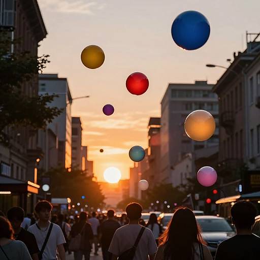 Sunset City with Vibrant Communication Orbs