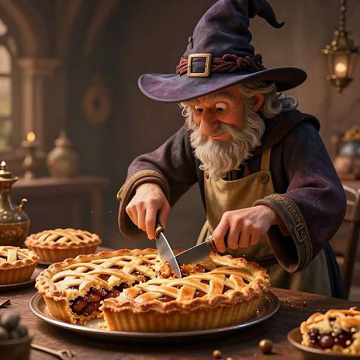 Photorealistic digital art: An elderly wizard with a white beard and purple hat, wearing a brown apron, cuts a pie in a warmly lit