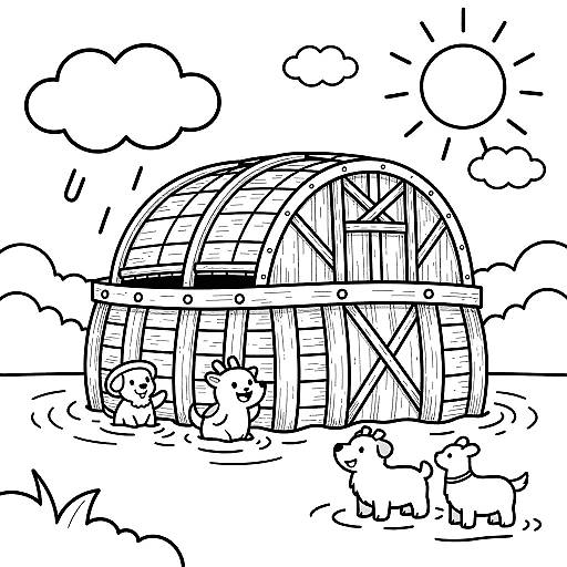 Black and white cartoon drawing of a wooden arched barn with five cute, small dogs standing and sitting around it. Puffy clouds and sun rays in