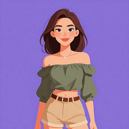 Digital anime-style illustration of a smiling woman with dark brown hair, wearing an off-shoulder green crop top and beige high-waisted shorts,