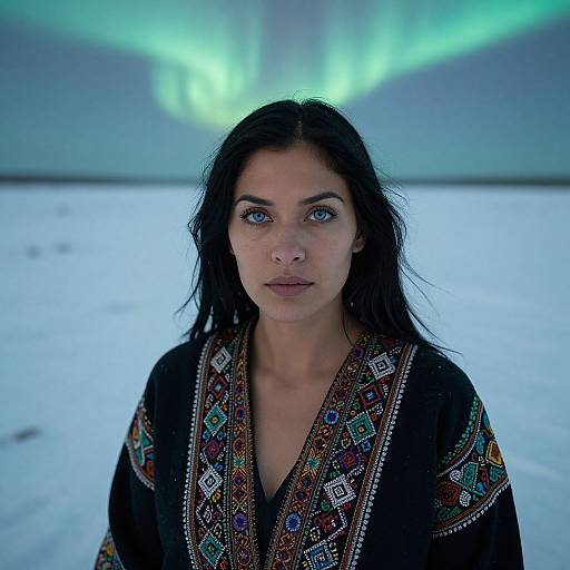 Photograph of a fair-skinned woman with black hair, blue eyes, wearing an embroidered black robe, standing in a snowy landscape under vibrant green aur