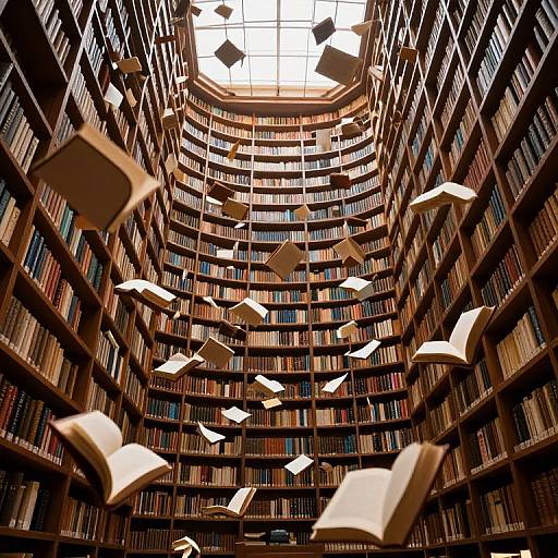 Photograph of a grand, circular library with floating, open books suspended above towering wooden shelves filled with colorful books. Sunlight filters through a skyl