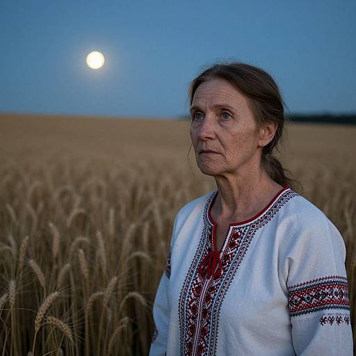 Photograph of a middle-aged woman with fair skin and brown hair, wearing a white embroidered blouse, standing in a golden wheat field at dusk with a