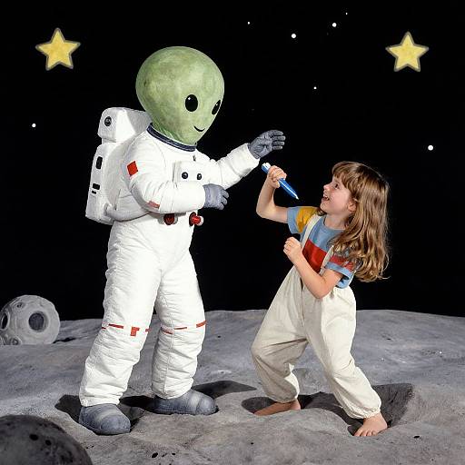 Photograph of a child in white overalls and a striped shirt, playfully interacting with a green-faced astronaut on a moon-like surface, with stars