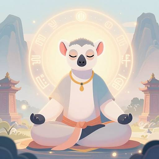 Digital illustration of a white and pink cartoon monkey meditating with closed eyes, wearing a yellow necklace, sitting cross-legged in a zen position, surrounded by