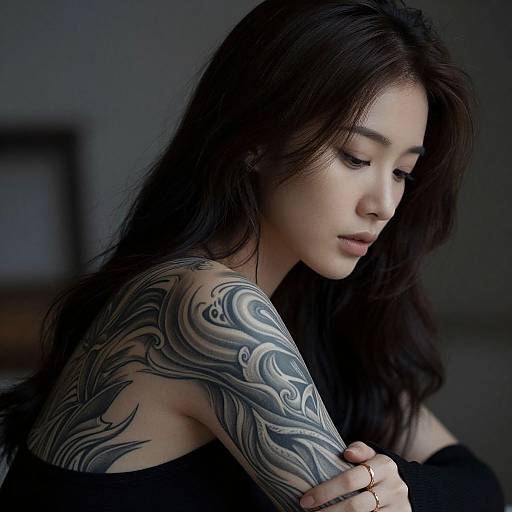 Photograph of a young woman with long black hair, fair skin, and intricate black tribal tattoo on her right shoulder, gazing downward, wearing a