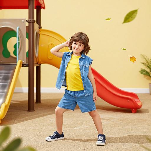 Photograph of a young boy with brown hair, wearing a yellow shirt, blue denim sleeveless vest, blue shorts, and navy sneakers, playfully