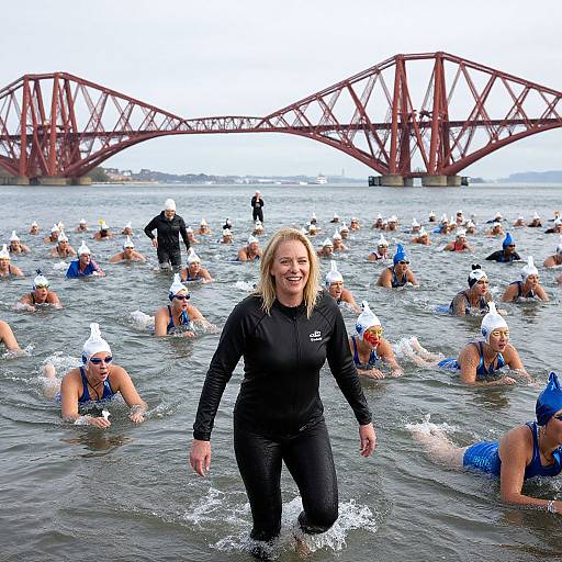 Photograph of a blonde woman in a black wetsuit standing in shallow water among swimmers in white caps, with a red bridge in the background