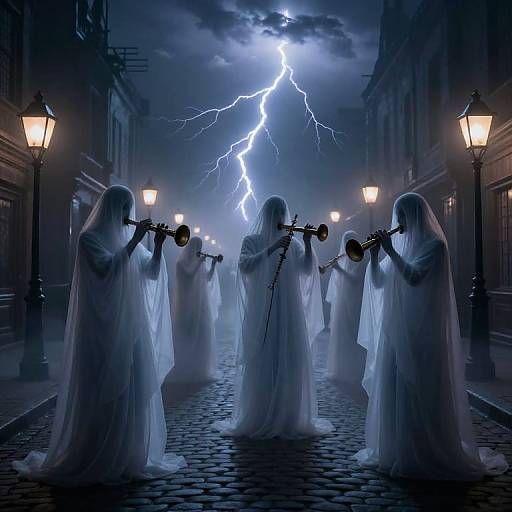 Digital artwork of ghostly figures in white robes playing musical instruments in a cobblestone street, illuminated by blue lightning against a stormy night sky with