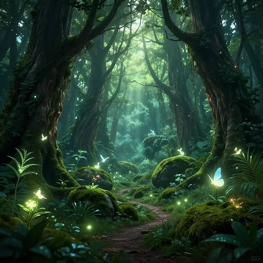 Enchanted forest scene with glowing blue and yellow fireflies, lush green moss, and sunlight filtering through tall trees. Digital fantasy artwork.