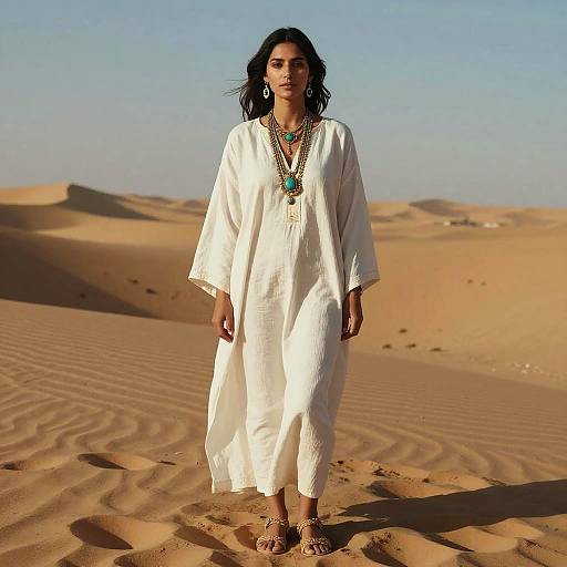 Photograph of a dark-haired woman in a white traditional desert dress, standing in a sunlit, rippled sand dune landscape.