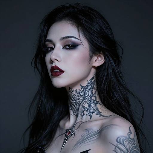 Photograph of a pale-skinned woman with long black hair, dark red lipstick, extensive neck and shoulder tattoos, and gothic makeup, set against