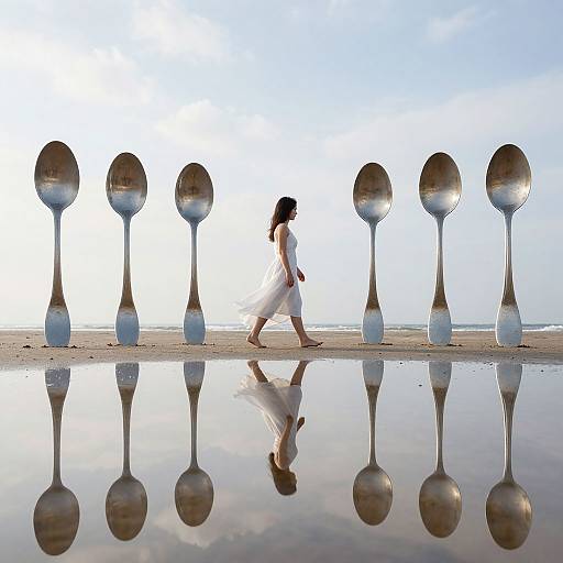 Photograph of a woman in a flowing white dress walking past a row of reflective, spherical sculptures on a calm, mirrored surface.