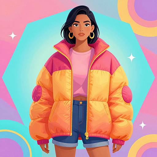 Digital illustration of a dark-skinned woman with black hair, wearing a pink and yellow puffy jacket, pink top, blue shorts, and gold hoop