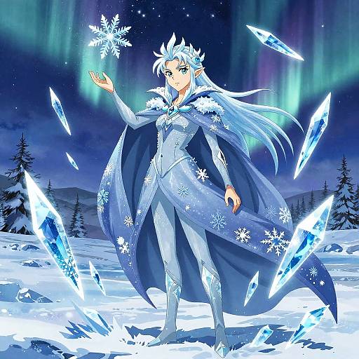 Digital anime-style drawing of a white-haired, elven magician in blue ice-themed attire, standing in a snowy forest, conjuring glowing ice shards under