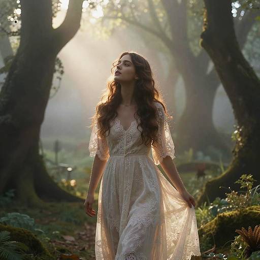 Maiden in Lace Dress in Enchanted Forest