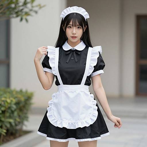 Photograph of an Asian woman with straight black hair wearing a black and white French maid outfit, standing outdoors near a building.