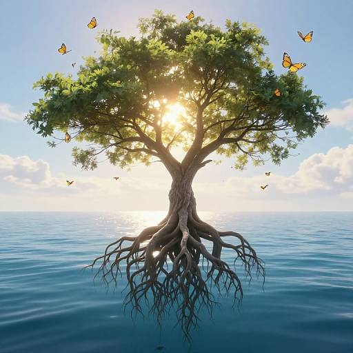 Photograph of a sunlit tree with green leaves, roots in calm blue ocean, surrounded by floating orange butterflies under a clear sky.