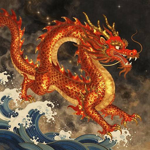 Fiery Red Asian Dragon in Storm