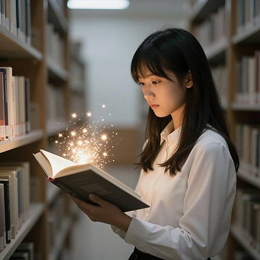 Photograph of an Asian woman with long black hair, wearing a white blouse, reading a book in a library, with sparkling light emanating from the